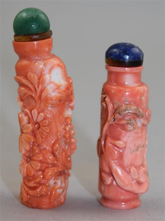 Two Chinese coral snuff bottles, late 19th / early 20th century, Richards 300 & 301